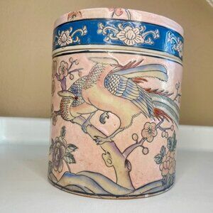 Japanese Peach Pheonix & Floral Canister / Tea Caddy /Ginger Jar - Painted Macau